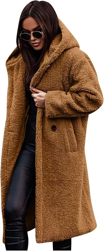Wintermantel Damen Lang Mit Kapuze Fleecejacke Damen Dicke Kuscheljacke Damen Flauschig Winterjacke Damen Warm Gefütterte Strickjacken Teddyjacke Wollmantel Frauen Winter Plüschjacke Taschen — Heizkleidung