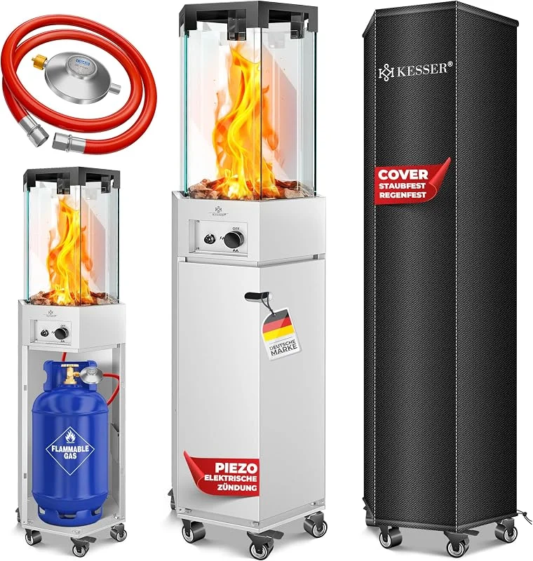 KESSER® Gasheizstrahler 4, 8 kW Gas Piezozündung Heizung + Gasdruckregler + Cover, 360° Rollen Kippschutz, Terrassenheizstrahler Gasheizung Gasheizer Outdoor Kamin Mobiler Heizpilz, Heizer, Weiß — Heizung Warmepumpe