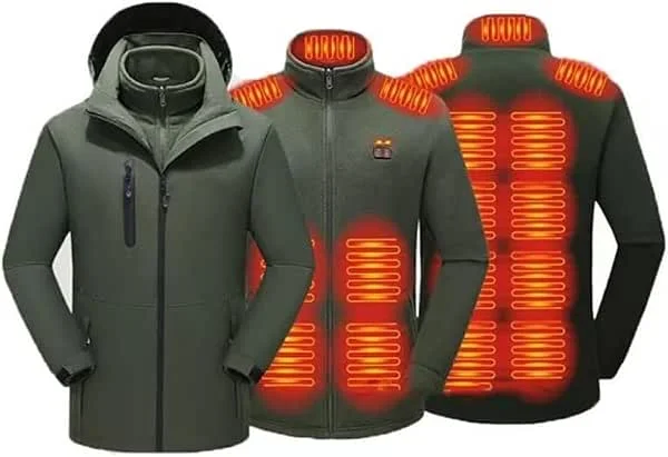 Beheizte Jacke Herren 3 in 1 Abnehmbare Kapuze Elektrische Fleecejacke Wasserdichter Mantel Outdoor Skifahren Ohne Batterie(Vert, XL(70-75kg)) — Heizkleidung