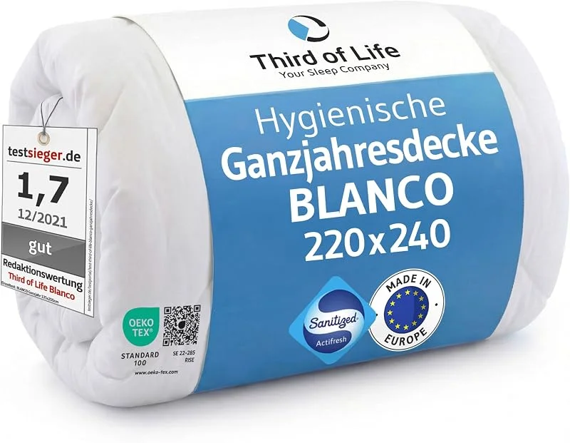Bettdecke 240x220, Ganzjahresdecke BLANCO mit Hygieneschutz für 2 Personen — Heizung Warmepumpe