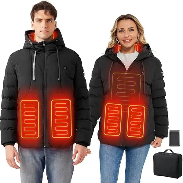 Beheizbare Jacke mit Kapuze Heizjacke mit Akku 10000mAh Warme Heizjacke für Herren Damen 3 Heizstufen & 4 Heizzonen Winddicht und Wasserdicht für Wandern, Skifahren, Camping, Motorrad, Freien — Heizkleidung