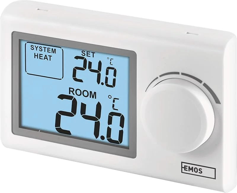 EMOS - digitaler Raumthermostat mit LCD-Display - manuell, drahtgebunden - Heiz- und Kühlsysteme - Temperaturregelung 5-35 °C - Aufputzmontage - einfache Bedienung - Batterie inkl. - weiß — Heizung Warmepumpe
