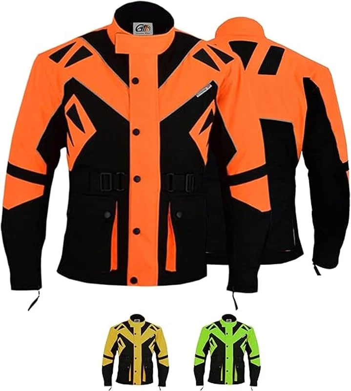 German Wear Motorradjacke Herren mit 5CE-Protektoren 4-Lagen System Abnehmbar Thermofutter Winddicht Reflektierend mit 5 Taschen - Orange für Touring & Alltag — Heizkleidung