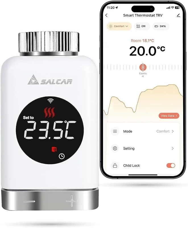 SALCAR Heizkörperthermostat TRV801W Thermostat Heizung Smart LCD WiFi Thermostat kompatibel mit Amazon Alexa & Google Home Heizungsthermostat Tuya Smartes Heizkörper, kein Gateway Erforderlich — Heizung Warmepumpe