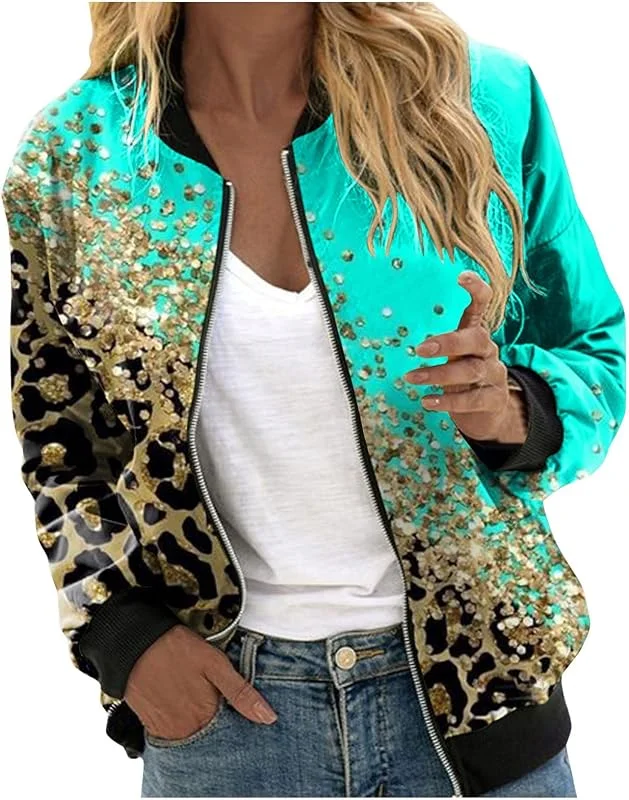 Générique Bedruckte Jacken für Damen, schick, Bikerjacke, Frühling, Herbst, leicht, Bomberjacke, Outwear, lässig, Reißverschluss, leicht, Mantel, Stehkragen, Damen, Sportbekleidung — Heizkleidung