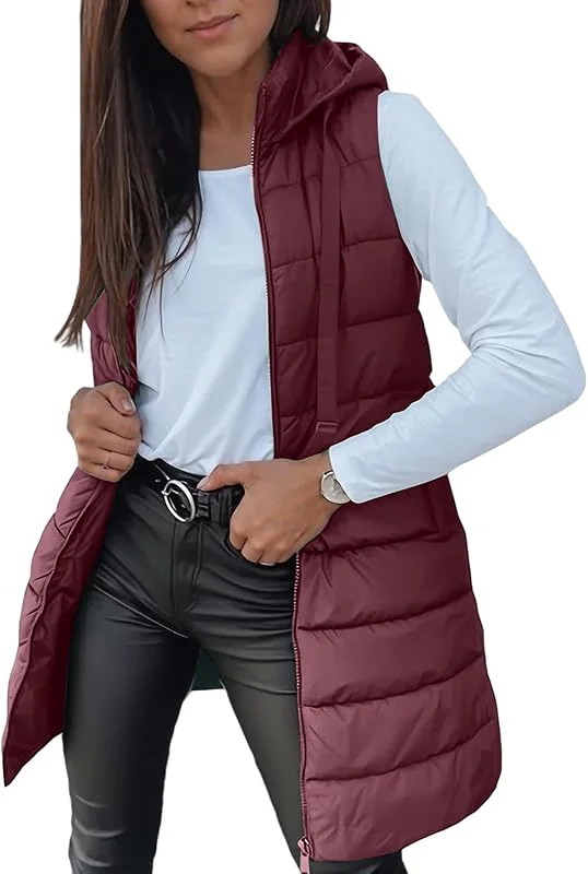Steppweste Damen Lang Mit Kapuze Lange Weste Ärmellos Steppjacke Winter Longweste Winterjacke Warm Wintermantel Frauen Elegant Jacke Stepp Mantel Ohne Ärmel Zipper Damen-Jacken — Heizkleidung