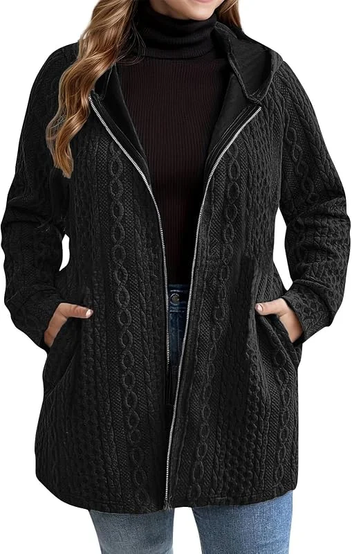 FUPODD Kapuzenjacke Damen Lang Winter Sweatjacke Damen Mit Kapuze Winterjacke Oversize Übergangsjacke Zip Sport Sweatshirt Hoodie Jacke Große Größen Mantel Einfarbig Kapuzenpullover Frauen Langarm — Heizkleidung