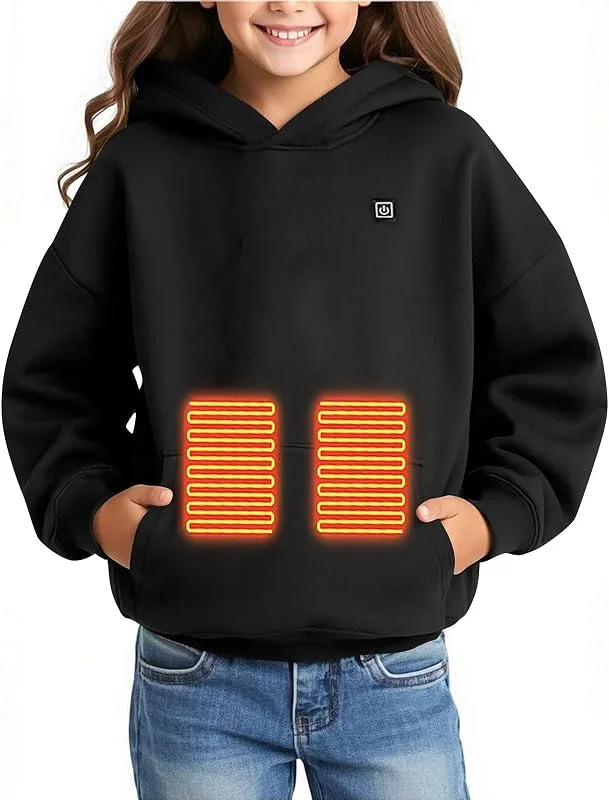 Beheizte Hoodies Kinder Beheizbare Fleece Hoodie Jungen Mädchen Winter Waschbarer Warm Elektrisches Sweatshirt mit USB-Anschluss 3 Temperaturstufen Outdoor Camping Wandern Winddichte Heiz Sweatshirt — Heizkleidung