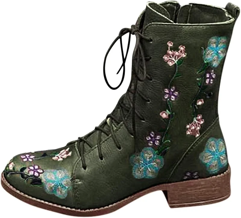 Damen Ritterstiefel Vintage Blume Stickerei Blockabsatz Lange Stiefeletten Reißverschluss Schnürhalbschuhe — Heizkleidung