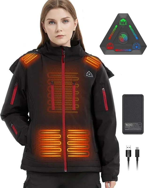FERNIDA Beheizbare Jacke Damen, Beheizte Softshell Jacke mit 7, 4V 16000mAh Akku, Elektrisch Wasserdicht Beheizter Mantel für Outdoor Wandern Jagd Motorrad Camping, 6 Beheizte Zonen — Heizkleidung
