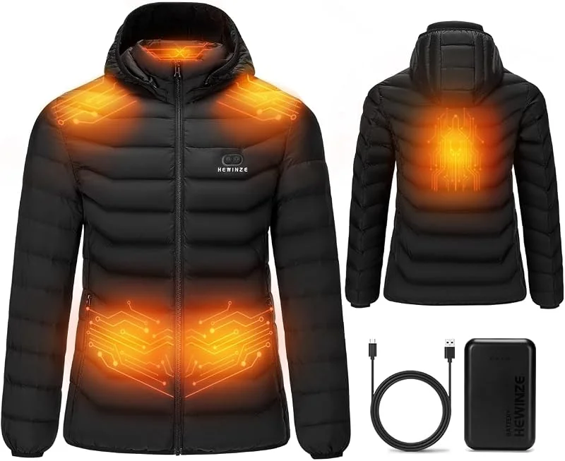 Beheizbare Jacke Damen mit kapuze, Warme Pufferjacke Damen mit akku 7.4V, Doppelschaltersteuerung Winterjacke für Outdoor Wandern Jagd Motorrad — Heizkleidung