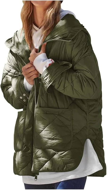 Daunenjacke Damen Leicht mit Kapuze Daunenmantel Winter Warm Wintermantel Lang Daunenjacken Reissverschluss Puffer Jacke Damen Kapuze Locker Winterjacke Dicke Mantel Daunen Frauen mit Taschen — Heizkleidung