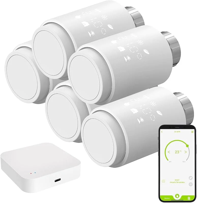 revolt ZigBee Thermostat: 5er-Set smarte Heizkörperthermostate mit Display, App, ZigBee-Gateway (Thermostat WLAN, Heizkörper, w LAN) — Heizung Warmepumpe