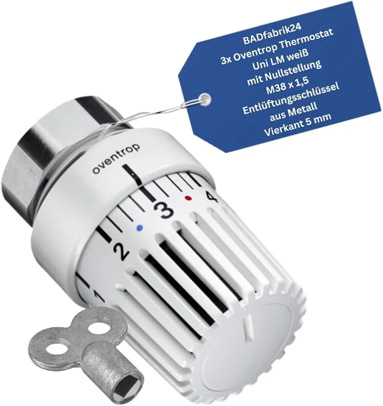 Thermostat Uni LM weiß mit Nullstellung M38 x 1, 5 + Entlüftungsschlüssel 5 mm Vierkant – 3er Set Heizkörper-Thermostatkopf, präzise Regelung, einfache Montage — Heizung Warmepumpe