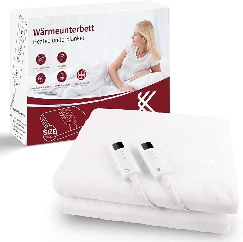 REDKEY Wärmeunterbett mit Abschaltautomatik, 170x150 cm Heizdecke Unterbett, 2 Temperaturzonen, Heizunterbett mit 7 Temperaturstufen, Überhitzungsschutz, waschbar, Befestigungsgurte — Heizung Warmepumpe