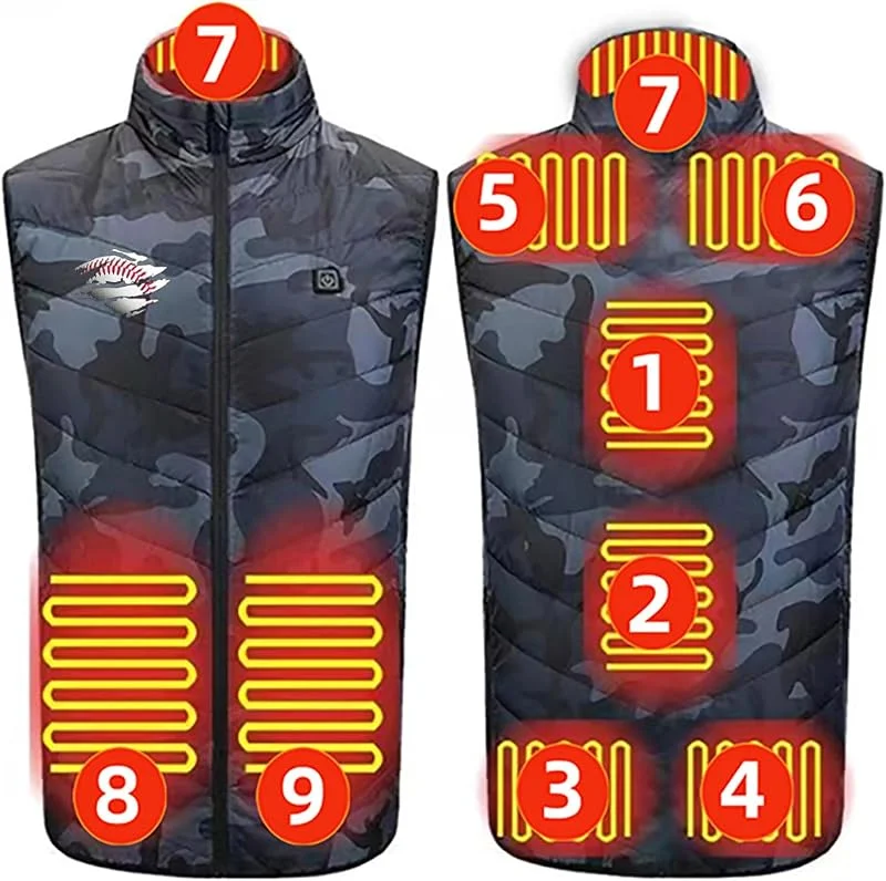 Camouflage Beheizbare Weste Herren Damen, Beheizbare Jacke mit 9 Heizzonen, USB Elektrische Heizweste, 3 Einstellbare Wärmestufe Beheizte Weste Schnelle Wärmeleistung Heizjacke für Arbeiten Wandern — Heizkleidung