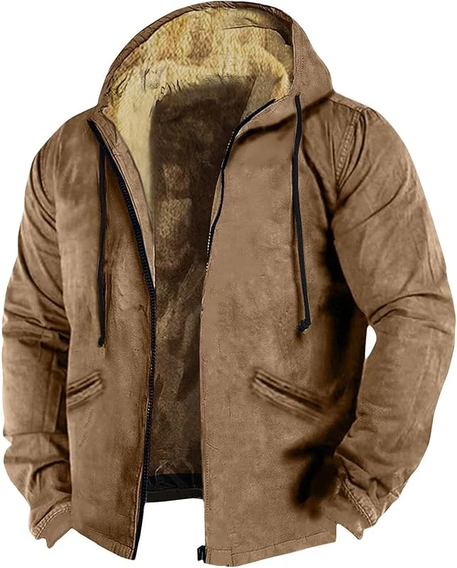 Herren Lässige Mode Schwergewicht Warme Kapuzenjacke Fleece Reißverschluss Dicke Winddichte Outdoorjacke 2025 Trend Sommer und Frühling Warm Gefütterter Jacke — Heizkleidung