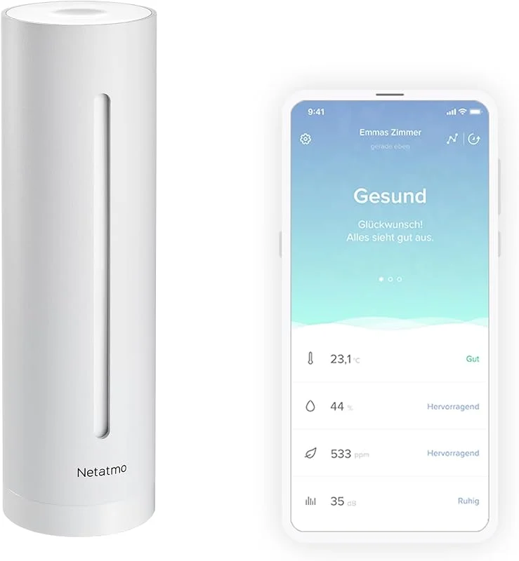 Netatmo Smarter Raumluftsensor für Innenräume, CO2-Sensor, Temperatur, Luftfeuchtigkeit, Geräusch - Haussteuerung, Gesundes Raumklima, Automatische Alarme - Weiß - Limitierte Auflage - NHC-EC — Küche & Haushalt
