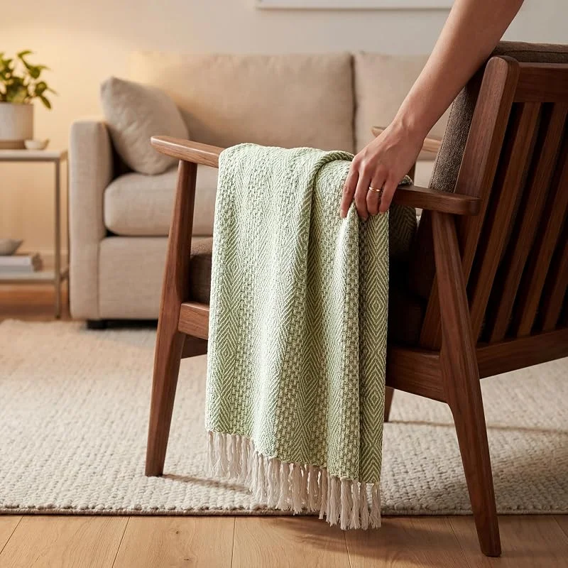 Geometrische Sofadecke – Weiche und warme Überwurfdecke für Couch, Sofa und Bett – Waffelstruktur, gemütlich, flauschig und leicht – Hellgrün, 50 x 60 Zoll — Heizung Warmepumpe