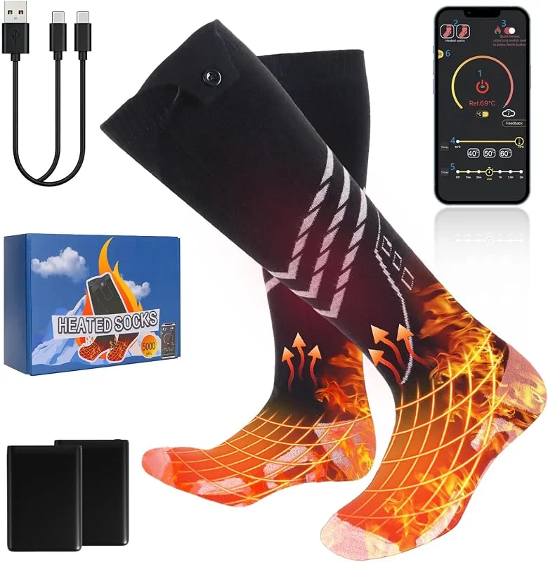Ninonly Beheizbare Socken Damen Herren Wiederaufladbar 5000mAh Akku, APP Gesteuert Heizbare Socken 4 Stufen Heizfunktion für Ski, Wandern, Camping und Winter Outdoor Aktivitäten M — Heizkleidung