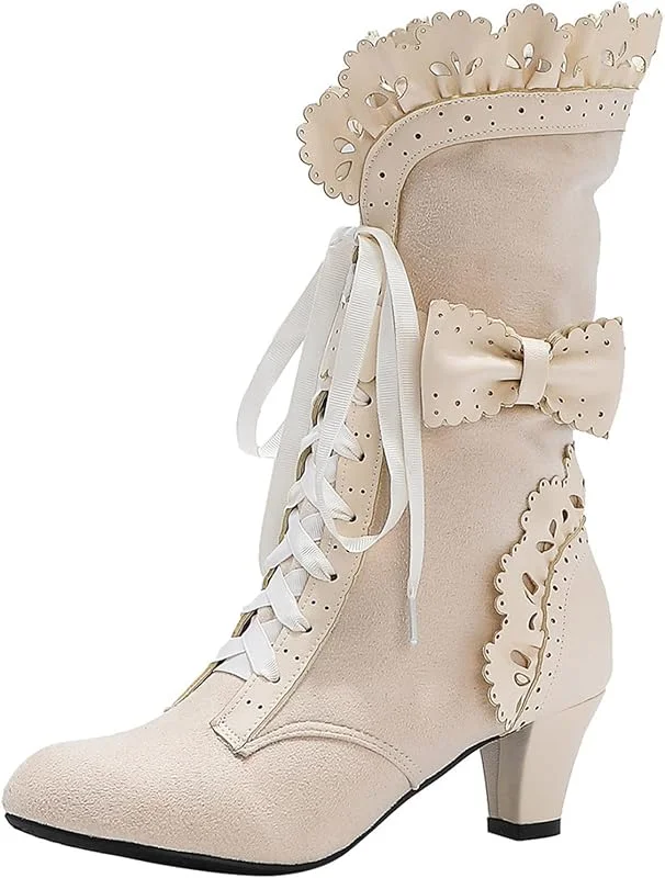 Damenstiefel, große Größe, mit Schleife, Spitze, hoher Absatz, breiter Absatz, Schnürung vorne, große Größe, kurze Stiefel für Damen — Heizkleidung