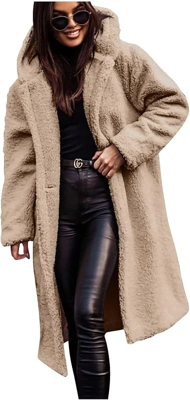 Ansenesna Teddyjacke Damen Mit Kapuze Braun Winterjacke Lang Warm Gefüttert — Heizkleidung