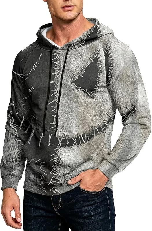 Generisch Herren Halloween Kapuzenpullover Geist Nähte Print Hoodie Kängurutasche Kordelzug Gruselig Langarm Sweatshirt Karneval. — Heizkleidung