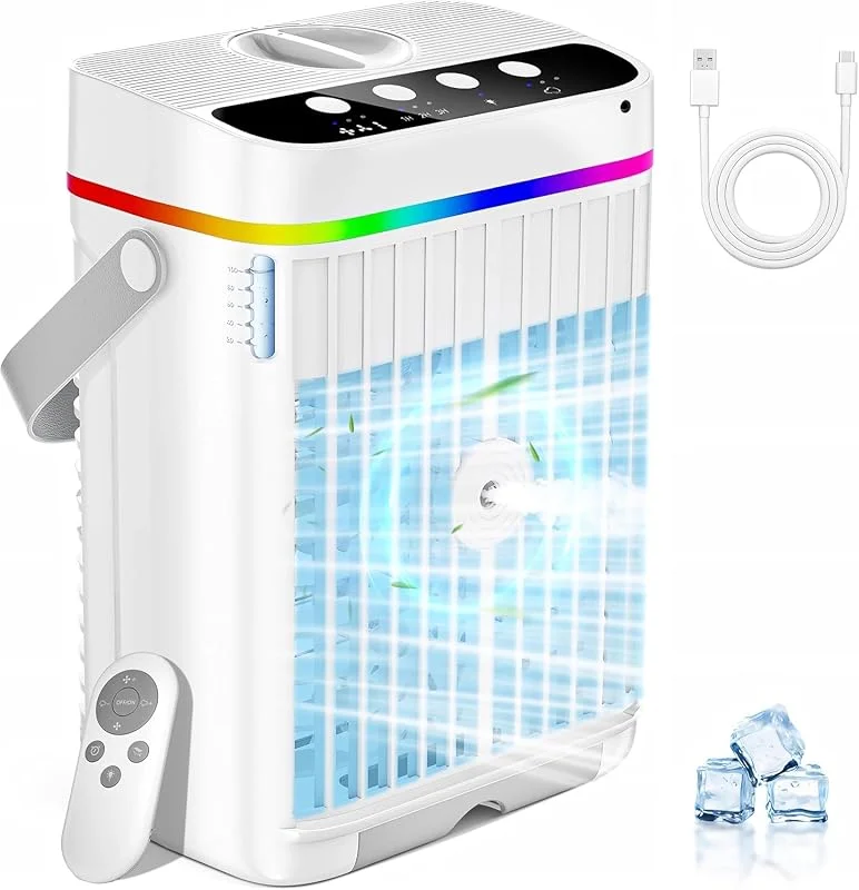 Mobile Klimaanlage, 4 in 1 Mini Klimaanlage mit Kühlen Nebel, Klimaanlage Mobil, klimagerät ohne abluftschlauch, Klimaanlage mobil mini mit 3 Stufen & 7 Farben Nachtlicht für Zuhause, Büro — Luftbefeuchter