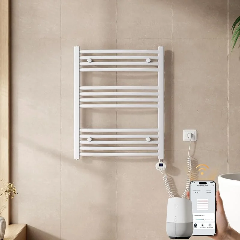 EMKE WiFi Handtuchheizkörper Elektrisch 750x600 mm - Gebogen Badheizkörper Elektrisch, Elektrischer Handtuchwärmer Handtuchtrockner Handtuch Heizkörper Bad mit Thermostat und Heizstab - 300W, Weiß — Heizung Warmepumpe