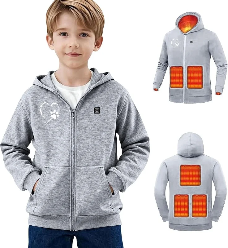 Beheizbare Kapuzenpullover Kinder Hoodie Sweatjacke mit 5 - Zone Heizung 3 Temperaturstufen Funktionsjacke Winterjacke Sweatshirt Beheizte Kleidung für Jungen Mädchen 4-14 Jahre — Heizkleidung