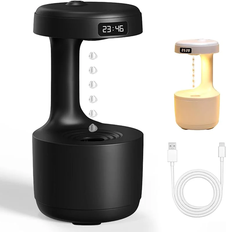 Mushroom Anti Gravity Humidifier, Anti-Schwerkraft Luftbefeuchter, LED Regentropfen-Luftbefeuchter mit Nachtlicht, Hängender Wassertropfen & Uhr, 800ml Aroma Diffuser für Schlafzimmer (Schwarz)