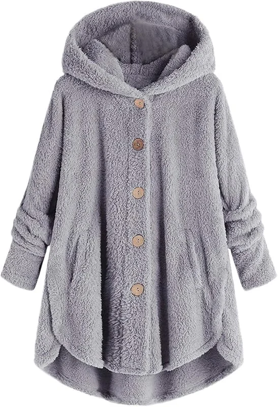 EMATOP Plüschjacke Damen Lässige Fleece Jacke Winter Warm Kapuzenjacke mit Kapuze Teddy Fleecejacke Flauschig Kuschelig Wintermantel Lang Einfarbig Fellmantel mit Taschen Mantel Kapuzenpullover — Heizkleidung