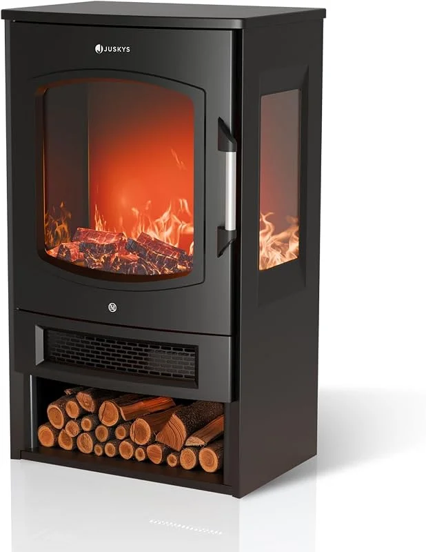 Juskys® Elektrokamin 1800W — Schwarz, elektrischer Standkamin mit LED-Flammeneffekt, WLAN, App-Steuerung, Fernbedienung — Heizung Warmepumpe