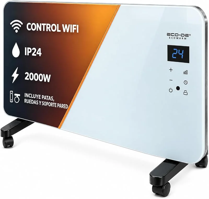 ECODE® Konvektorheizung mit Wandmontage, Elektroheizung mit Fernbedienung und Thermostat - Energiesparender Konvektor mit 2000W - App-Steuerung, Elektrisches Heizpaneel mit Standfüßen — Heizung Warmepumpe