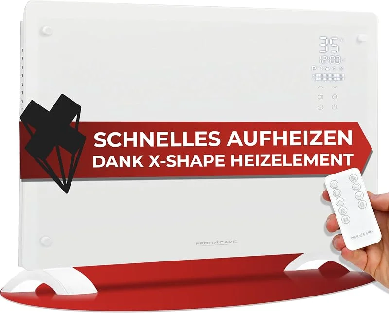 ProfiCare® Elektroheizung mit Glasfront & X-Shape Heizelement, mobiler Heizkörper auch für Wandmontage geeignet, Konvektor Heizung mit 2 Heizstufen, lautloses Heizen - 0dB, PC-GKH 3119 weiß — Heizung Warmepumpe