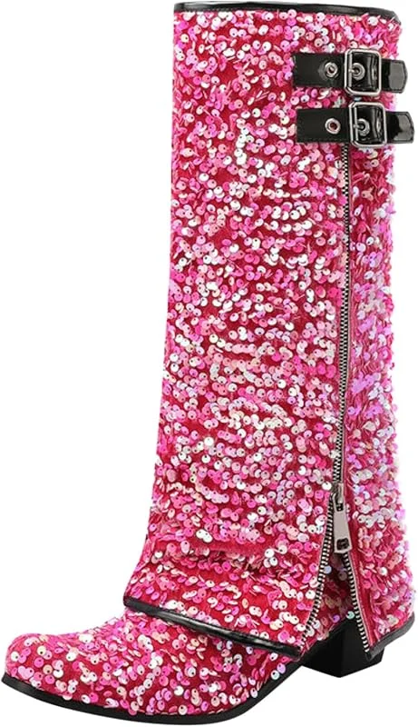 Generisch Damen-Stiefel mit mittlerer Wade modisches Paillettenmuster Winterstiefel mit coolen Reißverschlüssen niedrigem Absatz bequemer Passform für kalte Tage — Heizkleidung