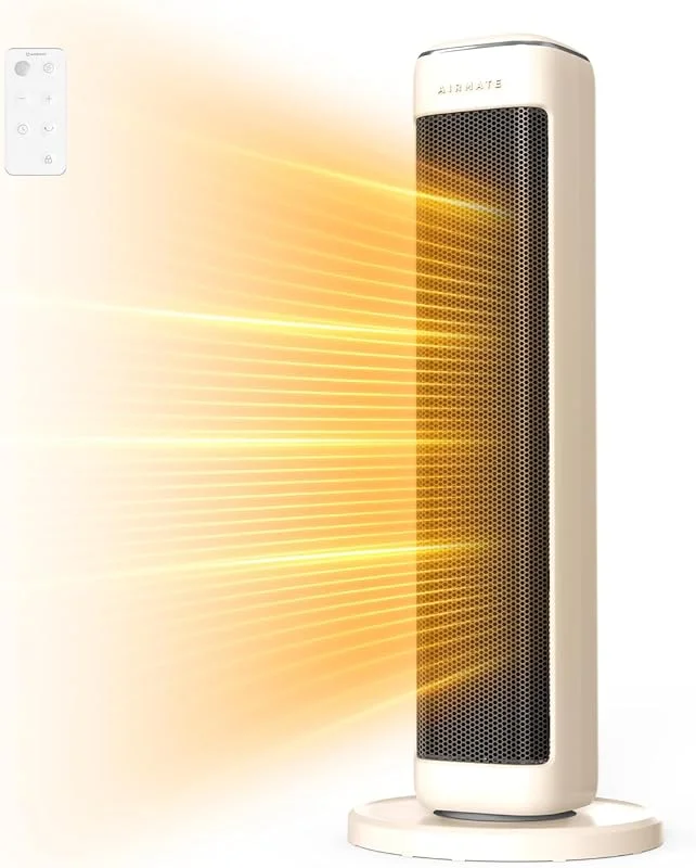 AIRMATE 63cm Heizlüfter Energiesparend, Keramik Heizlüfter Leise, 80° Oszillierend Heizung und Thermostat, 3 Modu, ECO, 24H Timer, 2000W Space Heater, Überhitzungs-Kippschutz — Heizung Warmepumpe