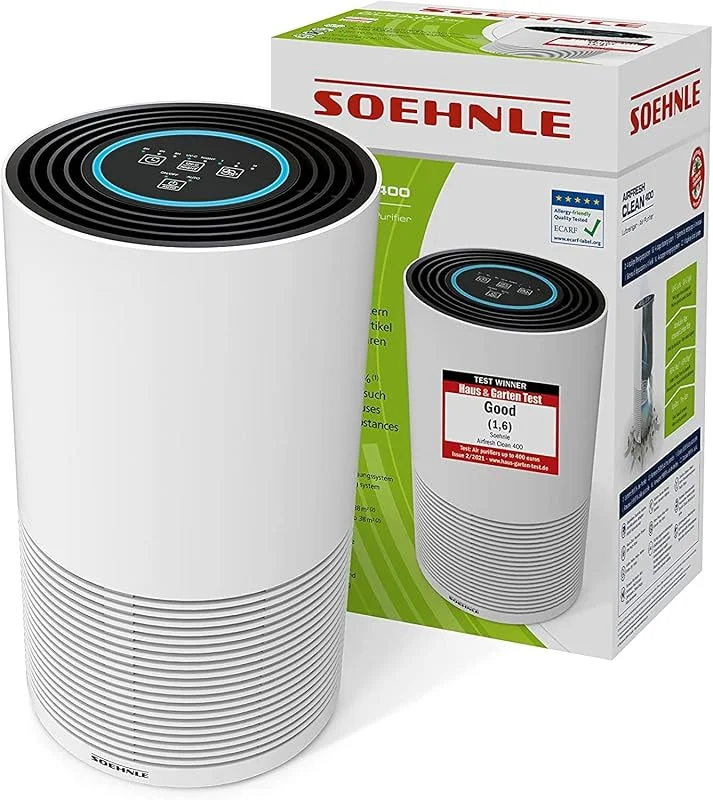 Soehnle Luftreiniger AirFresh Clean 400 mit 4-stufigem Reinigungssystem entfernt bis 99, 95% der Bakterien und Viren, Air Purifier mit Hepa- und Aktivkohlefilter, mit UV-C-Licht für Allergiker — Luftbefeuchter