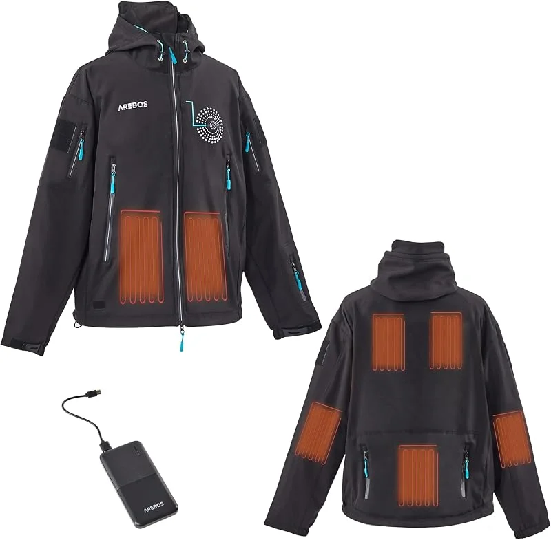 Arebos Wasserdichte Winterjacke, Beheizbare Soft Shell Jacke mit Kapuze Damen Herren 7 Heizzonen & 3 Heizstufen, inkl. Powerbank 10000 mAh TÜV geprüft, Winddicht, maschinenwaschbar — Heizkleidung