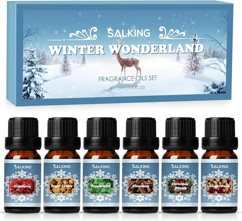 SALKING Winter Ätherische Öle Set, 6x10mL 100% Bio Aromatherapie Duftöl GeschenkSet für Diffuser, Luftbefeuchter, Massage, Zimt, Weihnachtskranz, Zuckerplätzchen, Preiselbeere, Pfefferminze, Lebkuchen