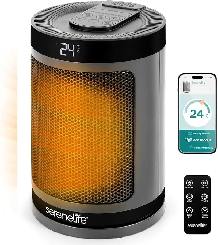 SereneLife Heizlüfter 1500W PTC Keramik, Leise & Energiesparend, WiFi Thermostat mit Fernbedienung, 70° Oszillation — Heizung Warmepumpe