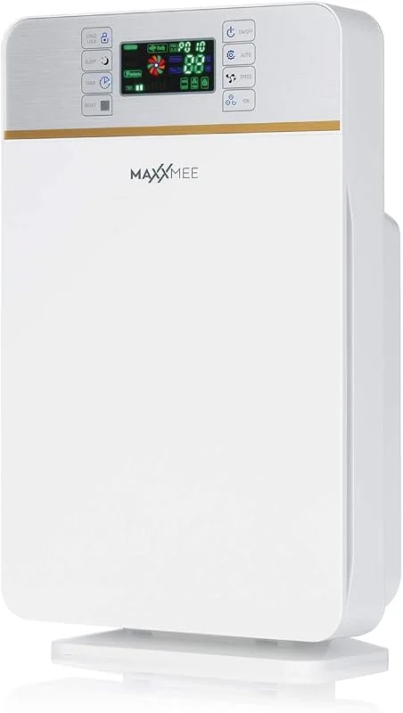 MAXXMEE Luftreiniger Digital, Filtert Allergene, Pollen, Rauch u. v. m. effizient Ionisiert die Raumluft, Mit 3 Ventilationsstufen und integriertem Schlafmodus, 50W [weiß, silber] — Luftbefeuchter