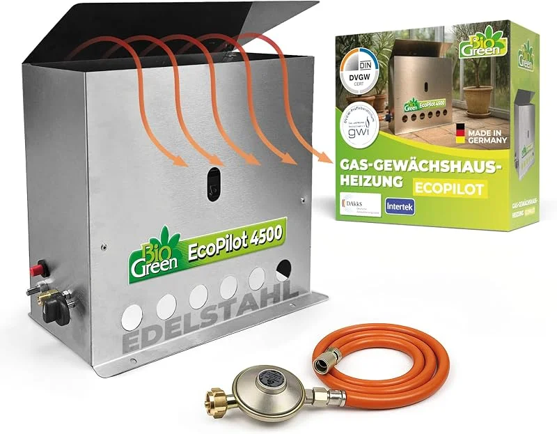 Bio Green Gas-gewächshausheizung EcoPilot, 4500 Watt, Silber, Thermostat-Regelbereich: 0° – 20° C, Edelstahl, Outdoor, Gas, 38x17x40 cm, für Gewächshäuser bis 22m², Bodenmontage — Heizung Warmepumpe