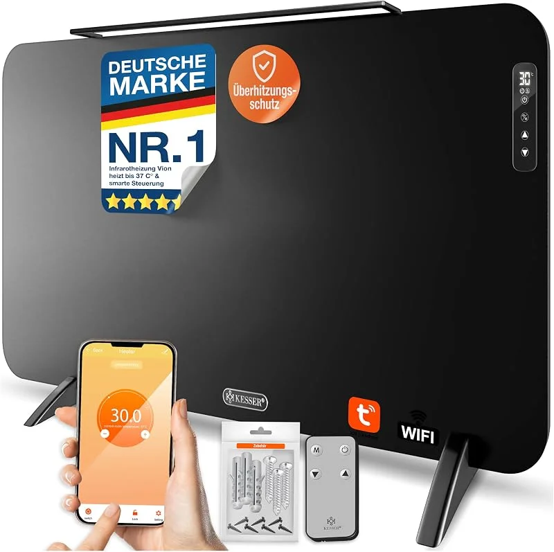 KESSER® Infrarotheizung VION, smart Timer, 600 W, Wandmontage & Stand Mobil Elektroheizung mit Fernbedienung oder App bedienbar, LED-Display, Handtuchhalter, IP44 und Überhitzungsschutz, Schwarz — Heizung Warmepumpe