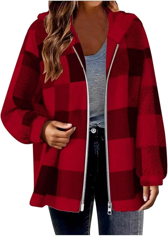 Ansenesna Teddyjacke Damen Mit Kapuze Teddy Fleecejacke Teddyfleece Jacke Winter Flauschig Winterjacke Warm Gefüttert Wintermantel Elegant Plüsch Damen-Jacken Frauen Kariert Fleece Mantel — Heizkleidung