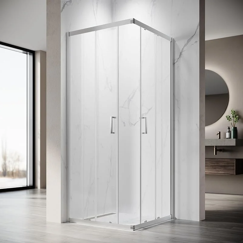 SONNI Eckeinstieg Duschkabine 90x90x195 cm, Schiebetür, 5mm ESG, Silber — Heizung Warmepumpe