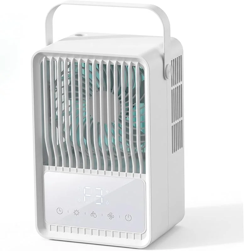 Luftbefeuchter-Ventilator mit Dual-Zerstäubern, Touch-Steuerung, Schreibtischventilator, tragbarer Standventilator, großer Tank, LED-Display, weiß, 15 x 10 x 23 cm