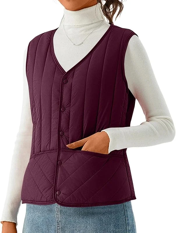 Generisch Steppweste Damen Ärmellos Gefüttert Weste Damen Elegant Leichte Daunenweste Einfarbig Übergangsjacke V-Ausschnitt Outdoor Winterjacke Warm Fleece Damenweste Mit Knöpfen Fleeceweste — Heizkleidung