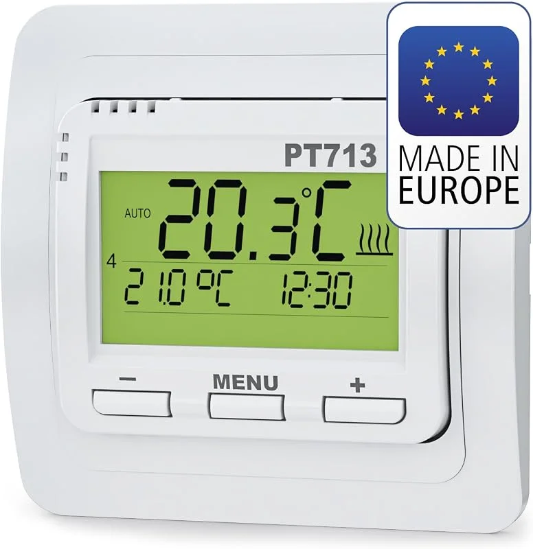 ELEKTROBOCK PT713 Digitaler Raumthermostat mit 𝚅𝚎𝚛𝚋𝚛𝚊𝚞𝚌𝚑𝚜𝚋𝚎𝚛𝚎𝚌𝚑𝚗𝚞𝚗𝚐 - Beleuchtetem LCD Display - Optimal Start Funktion - Für elektrische Heizungen - Einstellbare Wochenprogramme — Heizung Warmepumpe