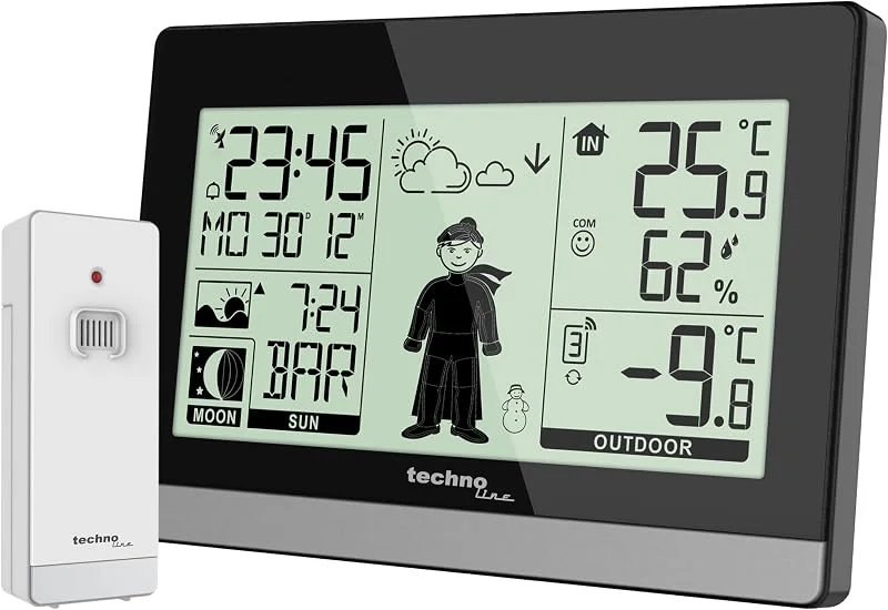 techno line WS 9612 Wetterstation Funk mit Außensensor, Funkuhr DCF, Innen Außentemperatur, Luftfeuchtigkeit, Wettervorhersage, Sonnenaufgang Sonnenuntergang, Mondphase, Schwarz — Luftbefeuchter